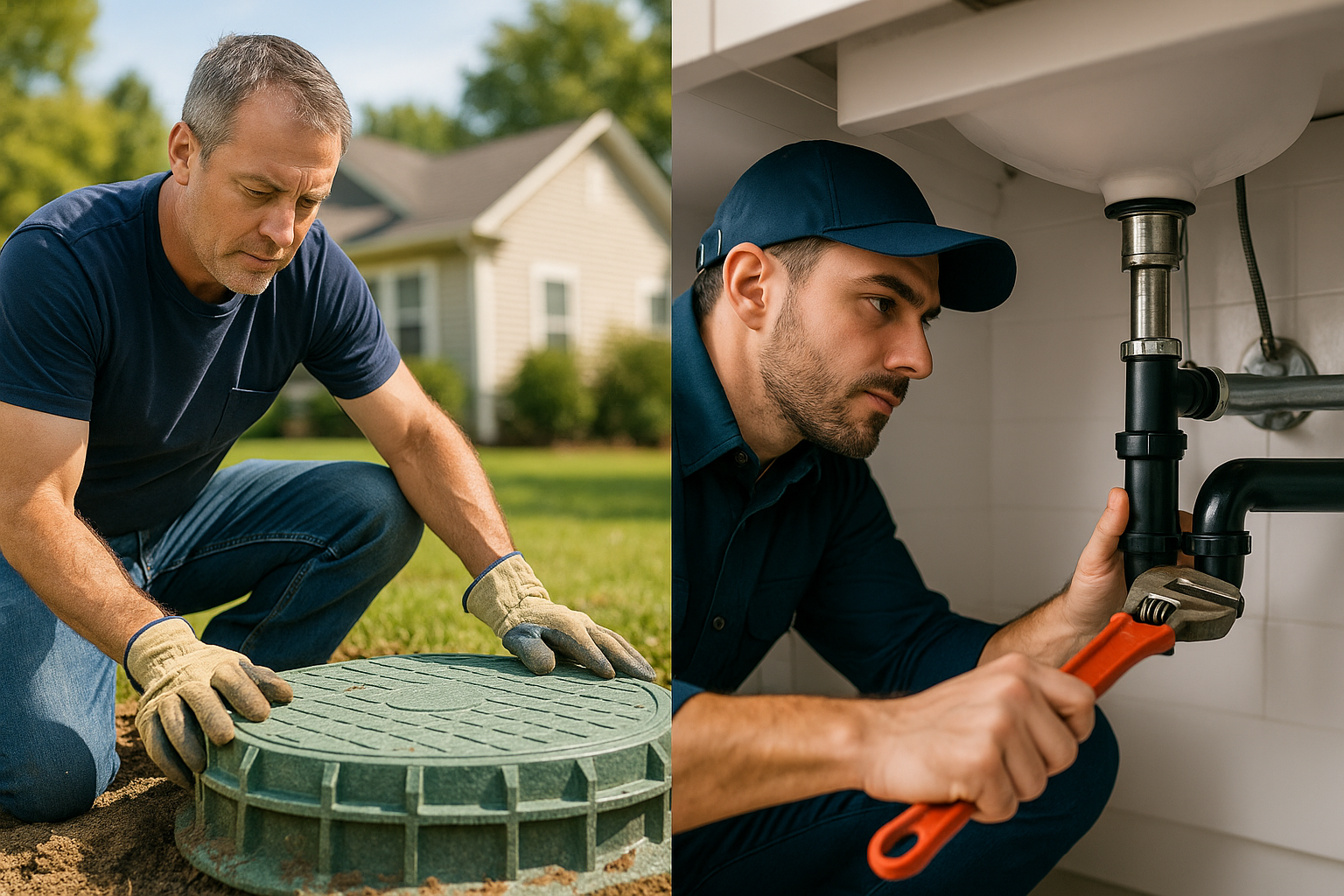 Local Easley plumber repairing pipes while inspecting septic tank connections