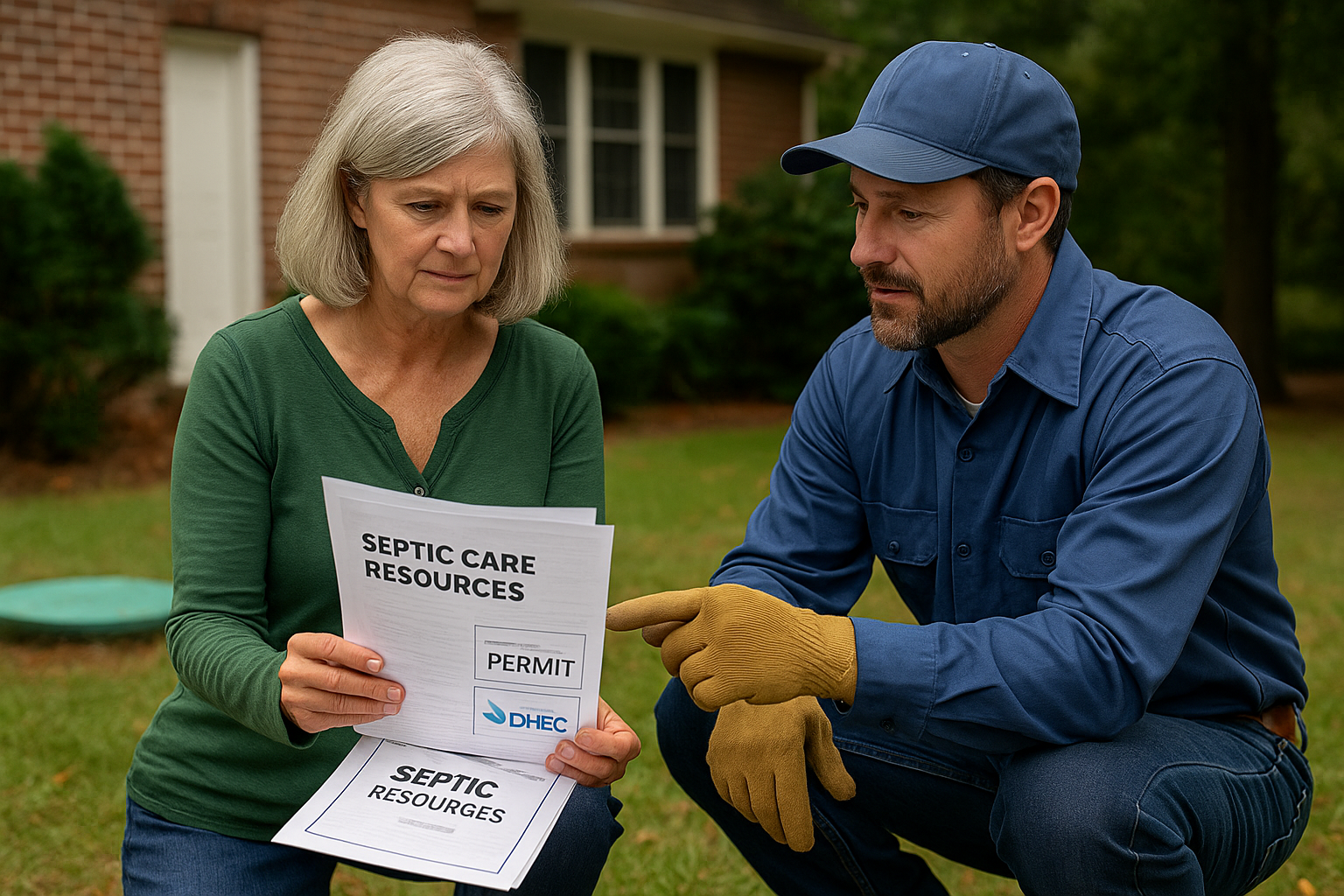 Easley SC homeowner reviewing septic care resources with local contractor