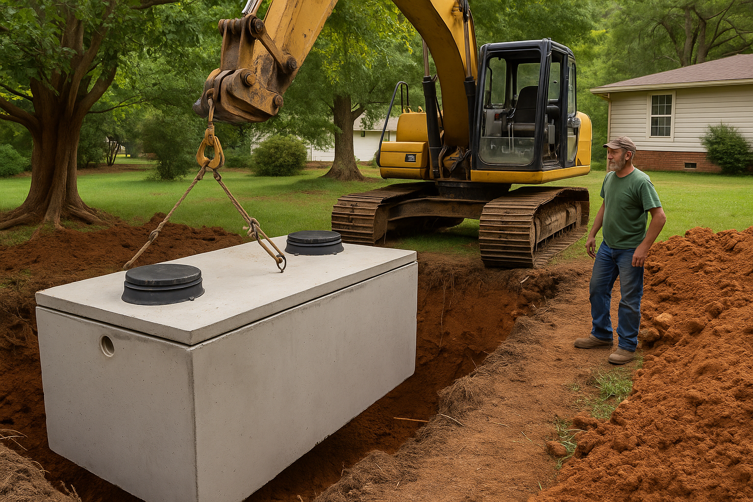 Excavator placing a septic tank in Easley SC during installation process
